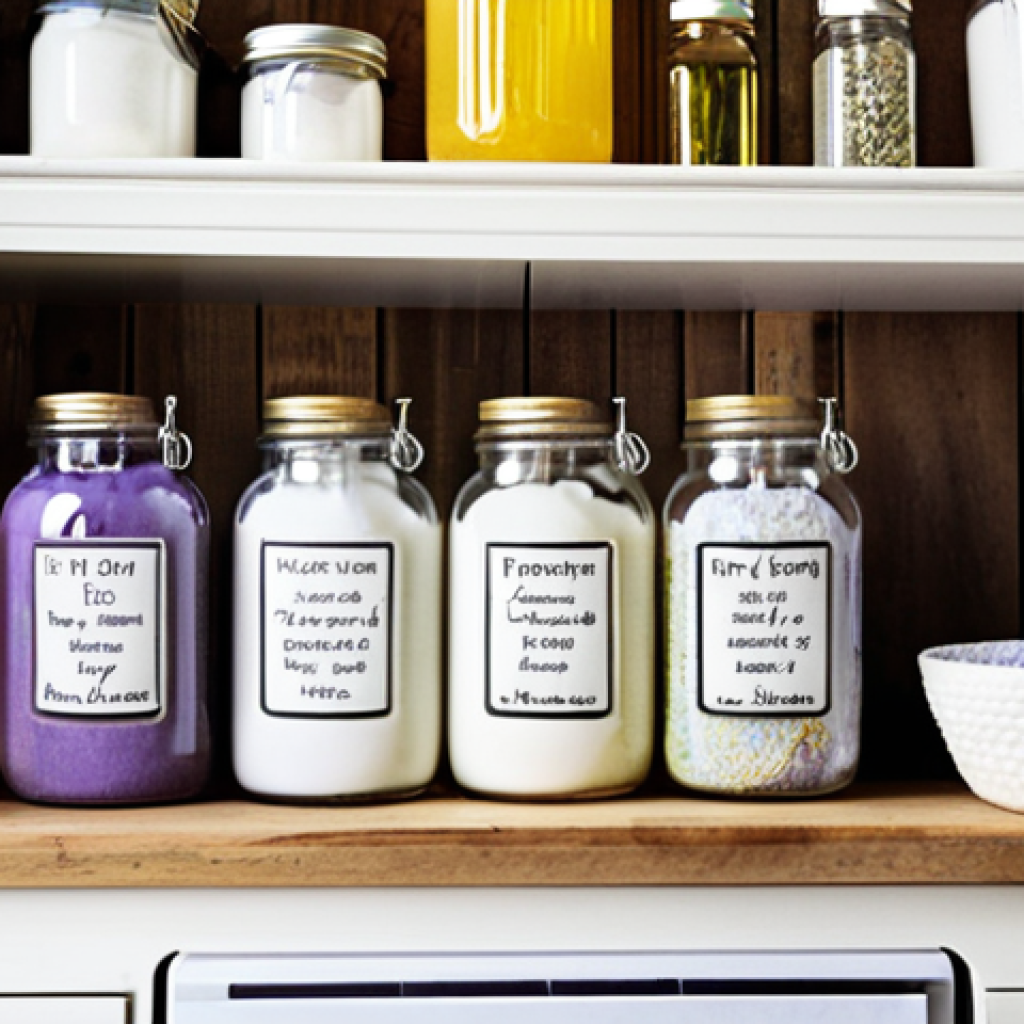 **Image Prompt:** A well-organized laundry room shelf with homemade laundry detergent in labeled glass jars, a digital scale, essential oil bottles (lavender and lemon), a measuring spoon set, and a handwritten recipe card. Focus on a clean, bright, and slightly rustic aesthetic.