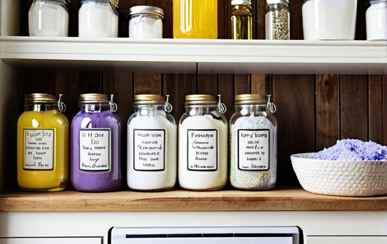 **Image Prompt:** A well-organized laundry room shelf with homemade laundry detergent in labeled glass jars, a digital scale, essential oil bottles (lavender and lemon), a measuring spoon set, and a handwritten recipe card. Focus on a clean, bright, and slightly rustic aesthetic.
