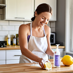 **Image Prompt:** A bright and airy kitchen scene featuring homemade cleaning spray in a clear spray bottle next to common ingredients like white vinegar, soap, and essential oils (lavender, lemon). Perhaps include a smiling person preparing the spray, emphasizing the fun and natural aspect. Swedish kitchen setting.