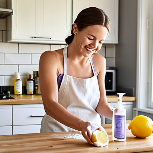 Home 17 **Image Prompt:** A bright and airy kitchen scene featuring homemade cleaning spray in a clear spray bottle next to common ingredients like white vinegar, soap, and essential oils (lavender, lemon). Perhaps include a smiling person preparing the spray, emphasizing the fun and natural aspect. Swedish kitchen setting.