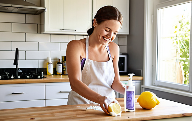 **Image Prompt:** A bright and airy kitchen scene featuring homemade cleaning spray in a clear spray bottle next to common ingredients like white vinegar, soap, and essential oils (lavender, lemon). Perhaps include a smiling person preparing the spray, emphasizing the fun and natural aspect. Swedish kitchen setting.